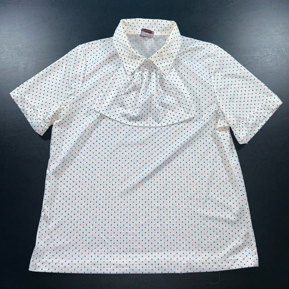Vintage 70s womens LAURENTE Paris Rome Top Neck Ruffle Scarf White Polka Dot